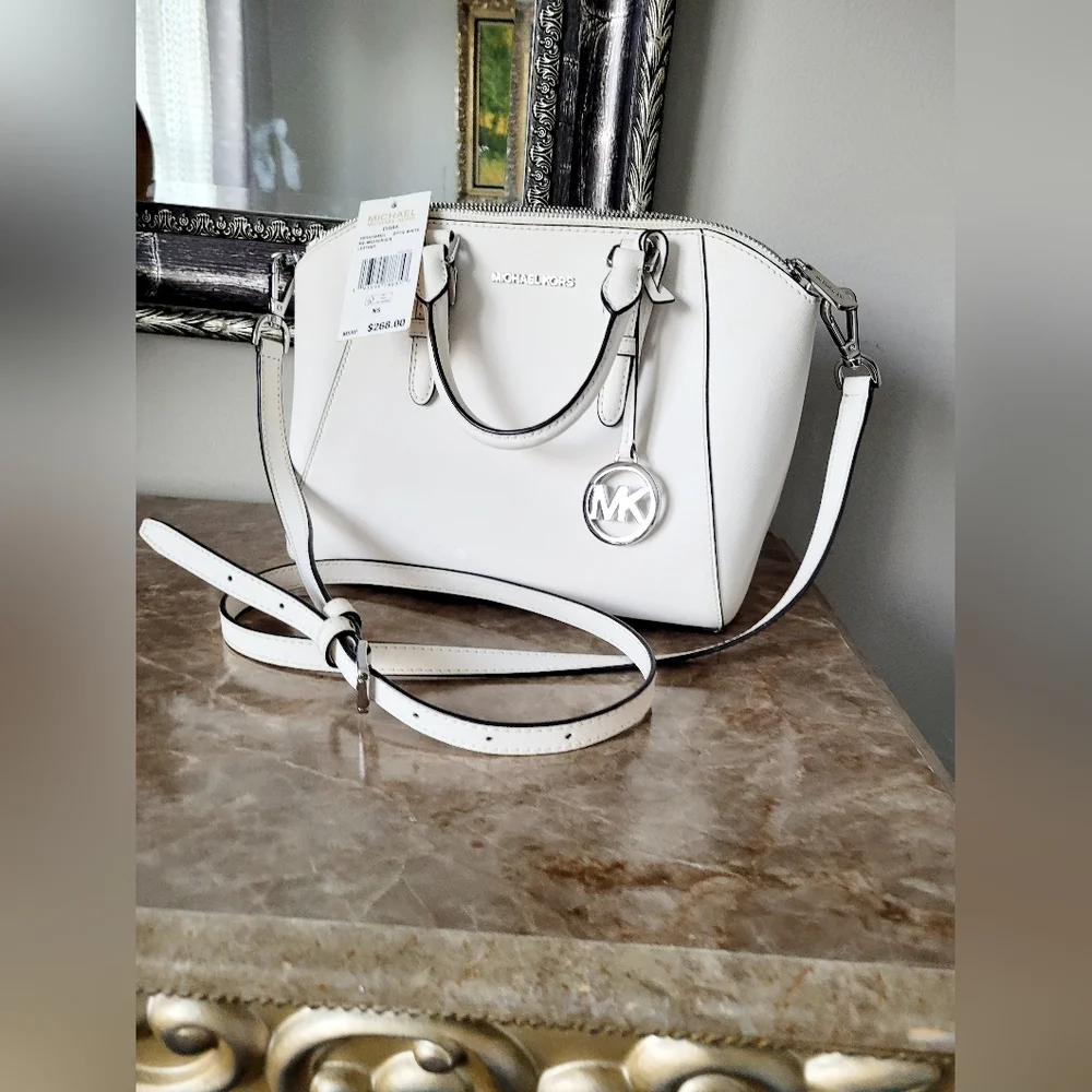 Michael Kors Ciara Optic White Crossbody/Satchel Silver Logo Medium 11